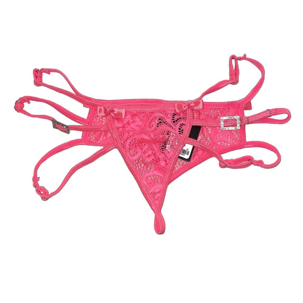 G-World Intimates Hot Pink Strappy Lace Thong with Rhinestone Accents